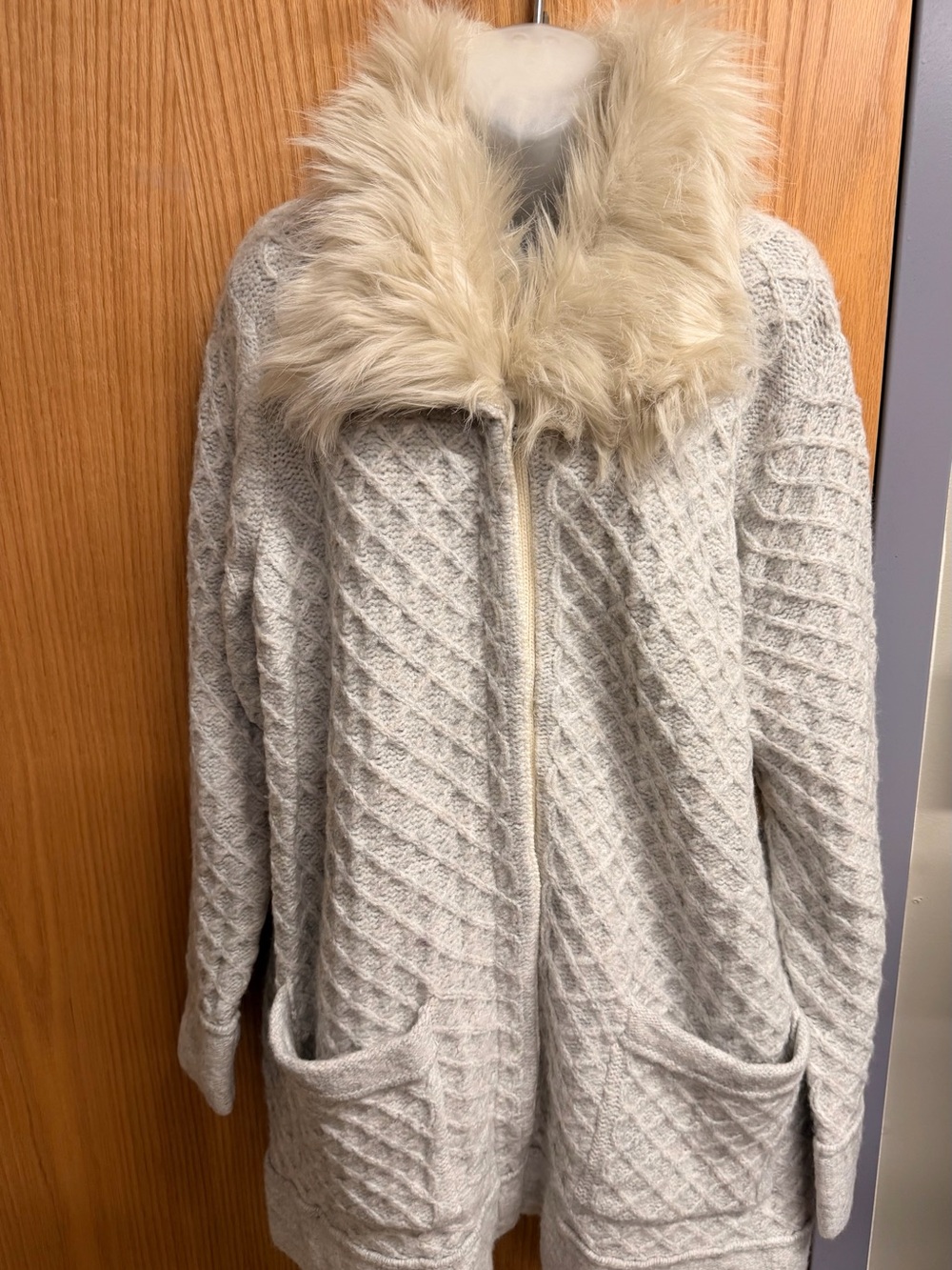 Coldwater Creek Faux Fur Collar Knit Cardigan - Cream